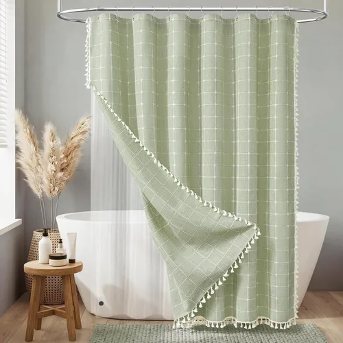 Miniatura 44 de BTTN Juego de cortinas de ducha estilo bohemio de granja con borlas, tela rústica de lino resistente, repelente al agua, cortinas de ducha gruesas A