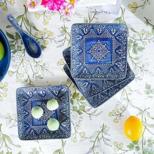 Miniatura 3 de Sungmor Vajilla fina de cerámica en relieve, porcelana de estilo barroco antiguo de 6 pulgadas, platos cuadrados para aperitivos, juego de 4, 4