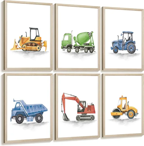 Miniatura 7 de Joocrise Juego de Arte de Pared de Camiones para Niños Set de 6 Decoración de Pared en Lienzo de Vehículos Camiones Arte de Pared de Construcción