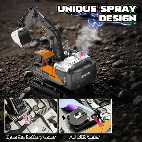 Miniatura 2 de Excavadora de juguete a control remoto para niños de 3 años, vehículo de construcción RC con aerosol, batería recargable/rotación de 680°, pala
