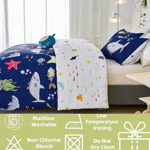 Miniatura 4 de RYNGHIPY Juego de ropa de cama para cama individual para niños, reversible, con estampado de animales marinos, juego de edredón para niños y niñas