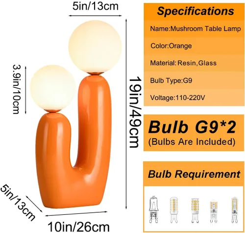 Miniatura 2 de Lámpara de mesa moderna naranja en forma de cactus con 2 luces, lámpara de seta, esfera de leche blanca de vidrio, lámparas de mesa bonitas
