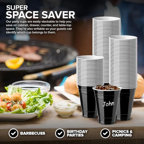 Miniatura 7 de Stock Your Home Vasos de plástico negros desechables, 16 onzas (100 unidades) resistentes, paquete de vasos grandes para fiesta, paquete a granel