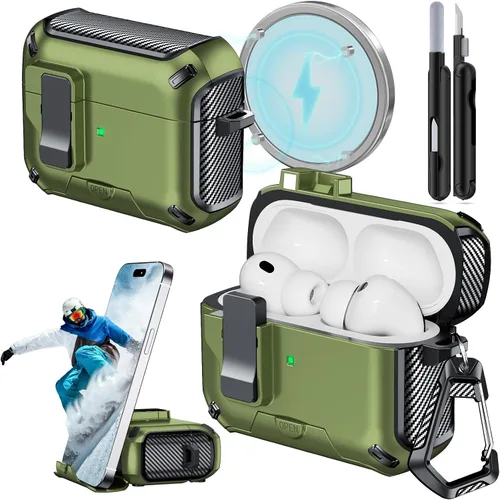 Miniatura 35 de Funda para AirPods Pro 2 (2023/2022/2019) con soporte para teléfono, (con interruptor a presión automático), diseño de fibra de carbono, cubierta