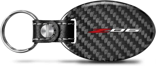 iPick Image Para Chevrolet Corvette C8 Z06 negro de fibra de carbono real forma ovalada con correa de cuero negro llavero llavero, licencia oficial,