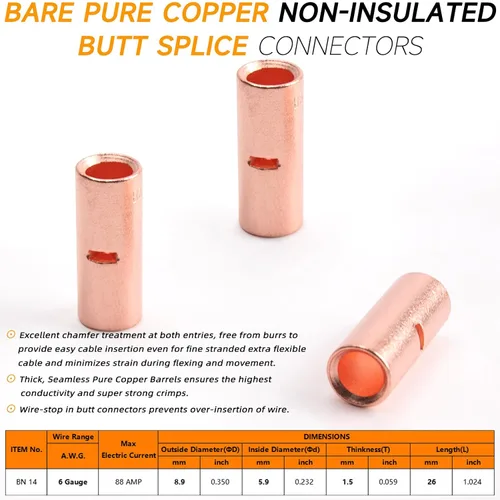 Miniatura 2 de SVAAR Conectores de Empalme a Tope de Cable Calibre 6, 24 Piezas, Conectores de Empalme a Tope No Aislados 6 AWG, Kit de Empalmes a Tope de Cobre