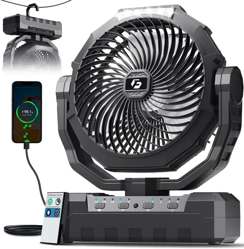 Miniatura 12 de FRIZCOL Ventilador de campamento 3 en 1 – Ventiladores portátiles recargables – Ventilador alimentado por batería de 24000 mAh con luz y control