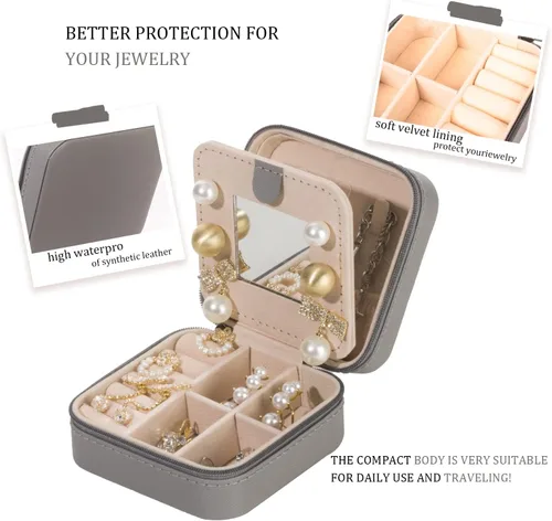 Miniatura 4 de KElofoN - Estuche para joyas de viaje, pequeño organizador de joyería con espejo para mujeres y niñas, color gris