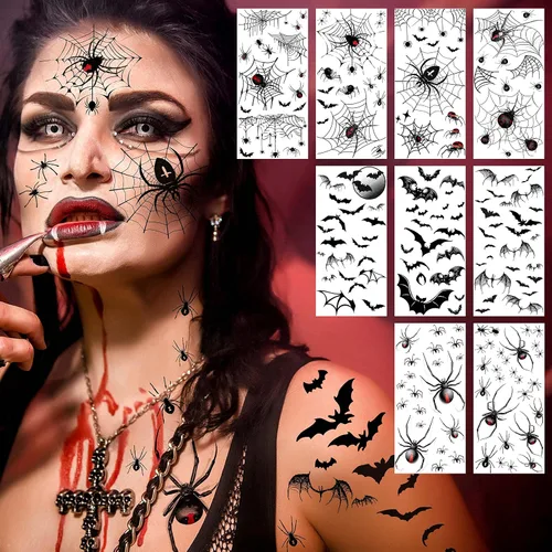 Miniatura 4 de VANTATY 9 hojas de calcomanías de tatuaje de telaraña de Halloween, manga temporal de tatuaje de murciélago medio brazo para mujeres, hombres, Negro