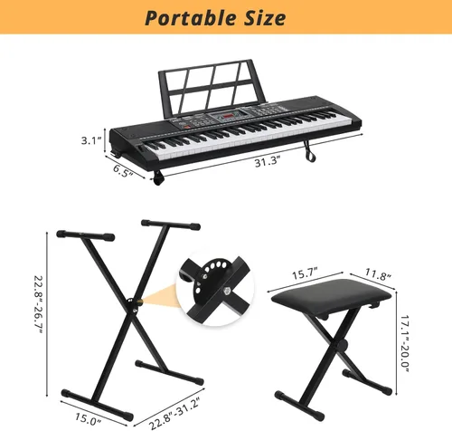 Miniatura 7 de GLARRY Juego de teclado eléctrico de tamaño completo de 61 teclas para principiantes, niños, teclado de música portátil, regalos de Navidad