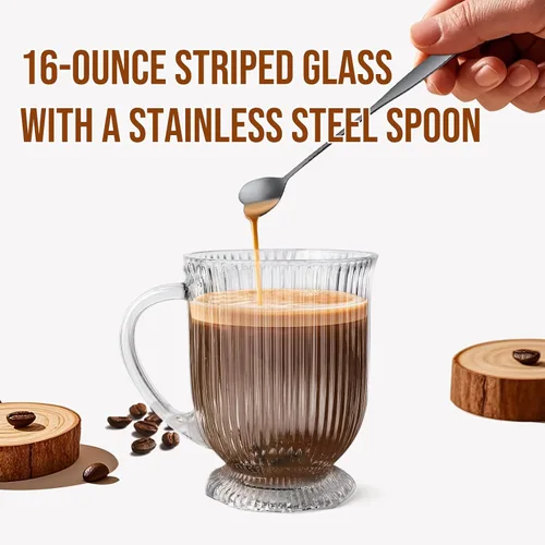Miniatura 4 de Juego de 4 tazas de café de vidrio acanalado transparentes de 16 onzas, tazas grandes de espresso con cuchara, tazas de vidrio con asa, taza de café
