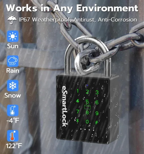 Miniatura 5 de eLinkSmart Candado inteligente resistente con llave, bloqueo de almohadilla con teclado de código, resistente a la intemperie, Bluetooth RFID