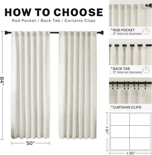 Miniatura 3 de Cortinas de Lino Natural Color Crema de 84 Pulgadas de Largo para Sala de Estar, Juego de 2 Paneles de Lino Texturizado con Trabillas Traseras