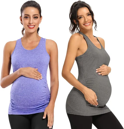 Miniatura 4 de Ecavus 3 camisetas sin mangas de maternidad para mujer, sin costuras, espalda cruzada, entrenamiento, atlética, yoga, camiseta de embarazo