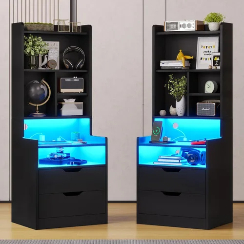 Miniatura 9 de BTHFST Mesita de noche alta con luces LED y estación de carga, mesita de noche LED negra con estantes y 2 cajones, mesita de noche con estantería
