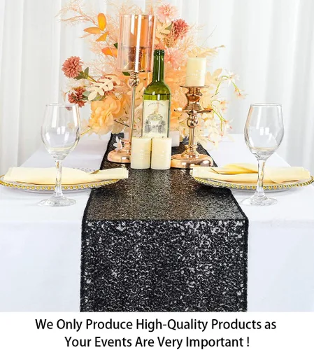 Camino de mesa de 14 x 108 pulgadas, con lentejuelas negras, camino de mesa de boda, camino de mesa con purpurina, color negro, decoración de