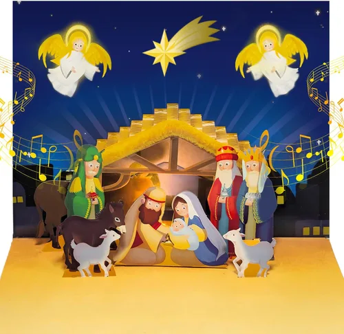 Tarjeta de Navidad religiosa desplegable con luz y música, tarjeta de felicitación abierta Reproduce instantáneamente la canción clásica: Joy to the