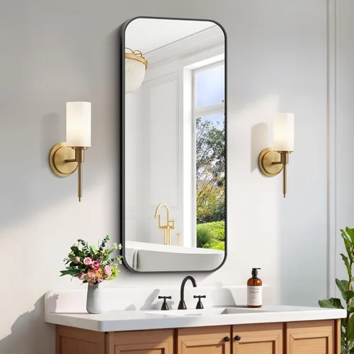 Miniatura 37 de FORBATH - Espejo de baño negro para sobre lavabo, espejo de pared de 16x24 pulgadas con marco de metal, esquinas redondeadas para baño, dormitorio