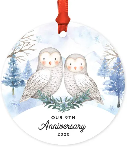Miniatura 75 de Andaz Press Adorno redondo de recuerdo de Navidad, nuestro 10 aniversario 2025, búhos de nieve de invierno en acuarela, 1 paquete, incluye cinta