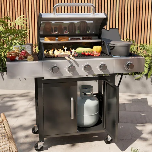 Aoxun Parrilla de propano de 4 quemadores con quemador lateral, parrilla de gas de 49000 BTU, parrilla de acero inoxidable para exteriores con