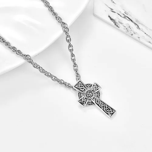 Miniatura 3 de TANGPOET - Collar de nudo celta de plata de ley con colgante de escudo de Asatru de buena suerte joyería irlandesa regalos para hombres mujeres