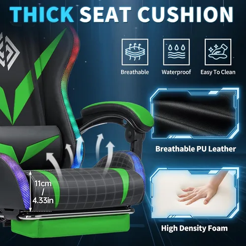 Miniatura 7 de Silla de juegos RGB con luces LED y masaje, silla ergonómica de computadora con reposapiés, silla de videojuegos de respaldo alto con soporte lumbar