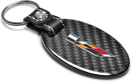 Miniatura 2 de iPick Image Para Cadillac V Logo Negro Fibra de Carbono Real Forma Oval con Correa de Cuero Negro Llavero Llavero con Licencia Oficial, Negro