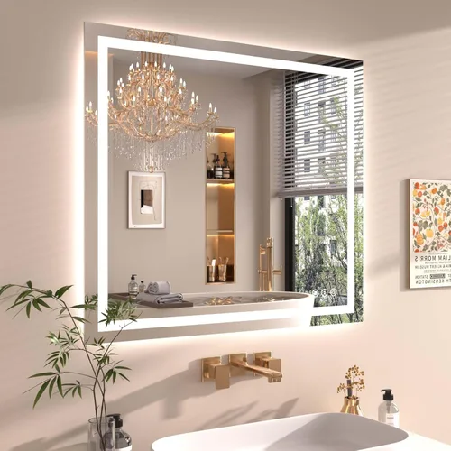 Miniatura 31 de Snowdool Espejo LED de baño, 32 x 32 pulgadas con luz frontal y retroiluminada, antivaho, espejo de tocador de baño para pared, función de memoria
