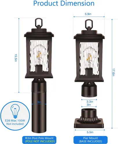 Miniatura 5 de VIANIS Luces de Poste para Exteriores de Bronce Frotado con Aceite Paquete de 2, Postes de Luz del Atardecer al Amanecer para Exteriores con Base