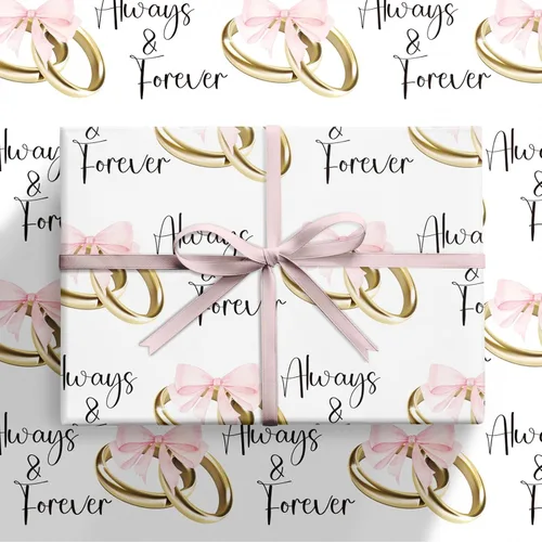 Miniatura 8 de RUSPEPA Rollo de papel de regalo de boda, mini rollo, lazos rosas y anillos dorados con diseño de texto "Always & Forever", elegante envoltura