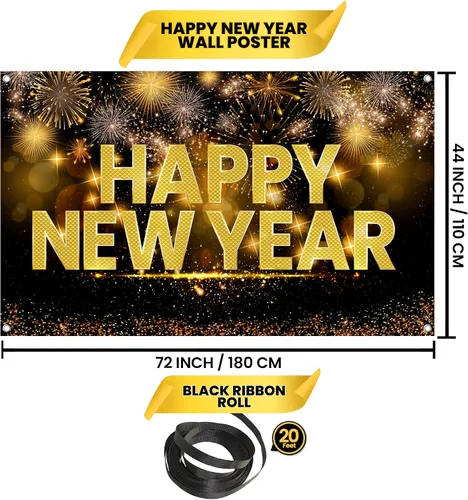 Miniatura 4 de KatchOn, Cartel de feliz año nuevo extra grande – 72 x 44 pulgadas Telón de fondo de Nochevieja 2026 para decoraciones de Año Nuevo 2026 Telón