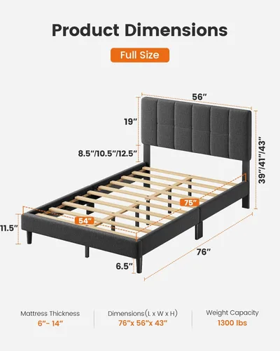 Miniatura 6 de Pipishell Base de cama de tamaño completo con 12 patas reforzadas y cabecera tapizada de tela, capacidad de peso de 1300 libras, cabecera ajustable
