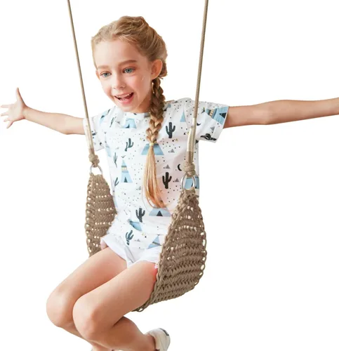 Miniatura 10 de Columpio para niños tejido a mano, asiento portátil para columpio de árbol para interiores y exteriores, cuerdas ajustables, con correa para colgar