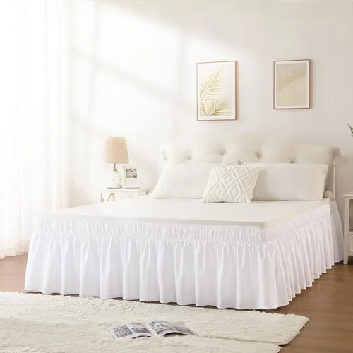 Miniatura 6 de Falda de cama RIMELA envoltura volante elástica que protege contra el polvo con color sólido, resistente a las arrugas y a la decoloración con Blanco
