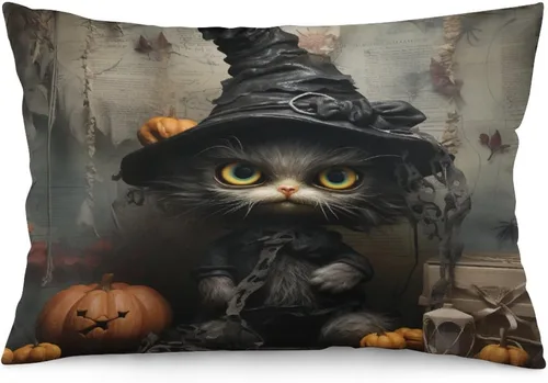 Miniatura 27 de Funda de almohada con sombrero de bruja con diseño de gato de 20 x 30 pulgadas, diseño de impresión de doble cara con cremallera invisible, Patrón 8