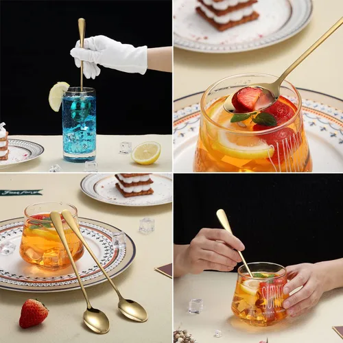 Miniatura 5 de Juego de 8 cucharas de café y té de acero inoxidable dorado prémium (mango largo, helado, cóctel)
