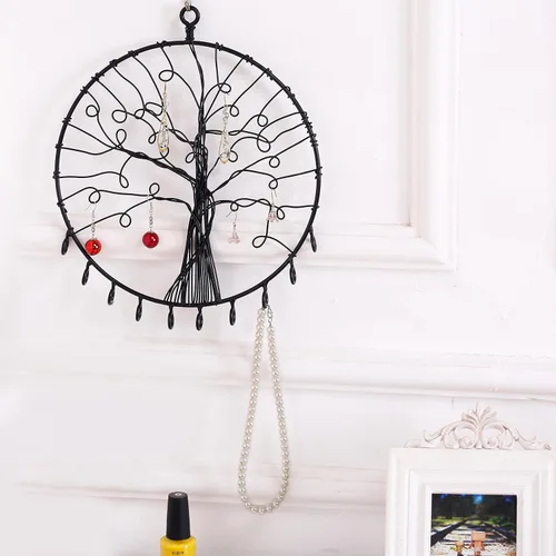 Miniatura 3 de MyGift Soporte redondo de metal para colgar en la pared, diseño de silueta de árbol de metal, aretes y ganchos para collares, negro