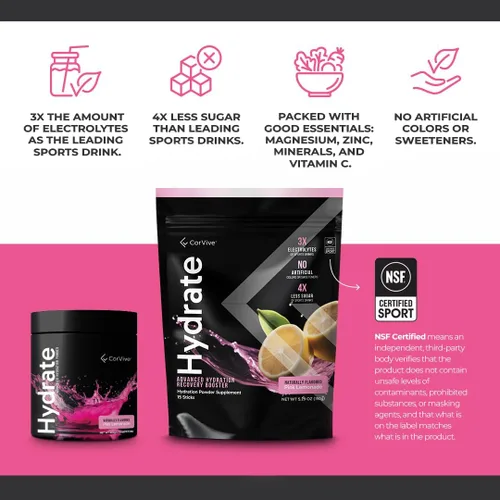 Miniatura 3 de CorVive Mezcla de bebida con electrolitos hidratantes, sabor a limonada rosa, certificado NSF, electrolitos, vitamina C, magnesio, zinc, potasio