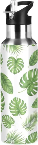 Green Tropical Leaves Insulated Water Bottle 32 Oz, BPA-Free Sport Water Bottle Insulated Leakproof Water Bottles