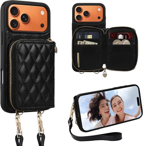 Miniatura 68 de Funda tipo cartera para iPhone 15 de 6.1 pulgadas, bolso cruzado con cremallera y correa para la muñeca con cordón para mujer, tarjetero con bloqueo