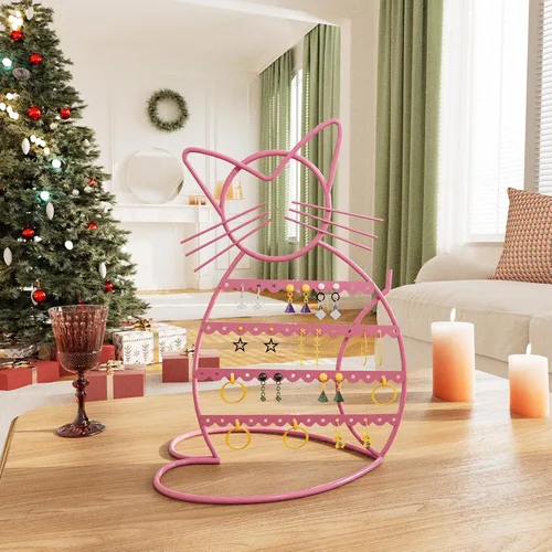 Miniatura 4 de Urban Deco Soporte Organizador de Joyas en Forma de Gato - Soporte para Aretes con 48 Agujeros para Pernos, Organizador de Tocador de Metal