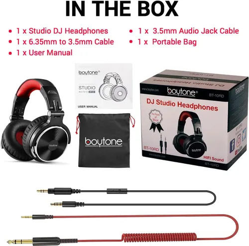 Miniatura 5 de Boytone BT-10RD - Auriculares con cable sobre la oreja, monitor de estudio y mezcla de auriculares estéreo para DJ con controladores de 1.969 in