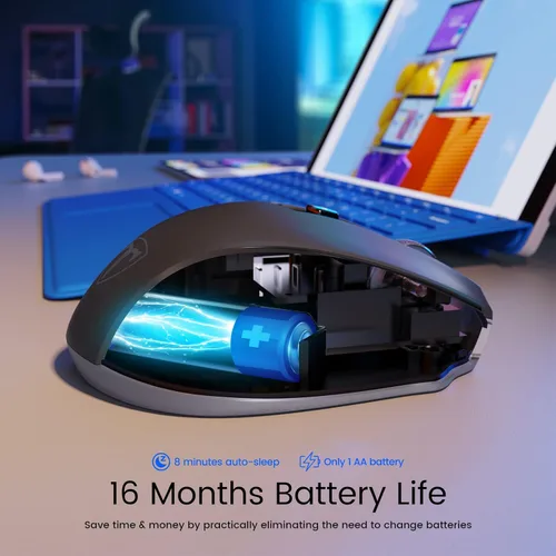 Miniatura 5 de HOTWEEMS Ratón Inalámbrico, Ratón de Computadora D-09 USB Ratones Inalámbricos para Laptop, Ergo Grips, Lightspeed 5 Niveles 2400 DPI, Batería de 16