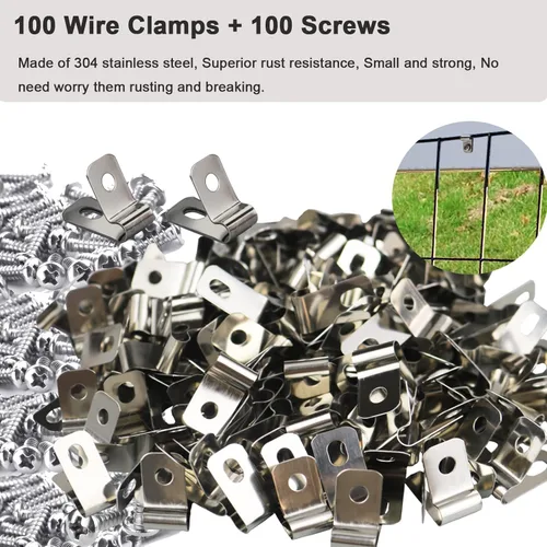 Miniatura 7 de 100 abrazaderas de alambre para valla con 100 tornillos, clips de alambre de acero inoxidable para montaje de alambre soldado a valla de vinilo