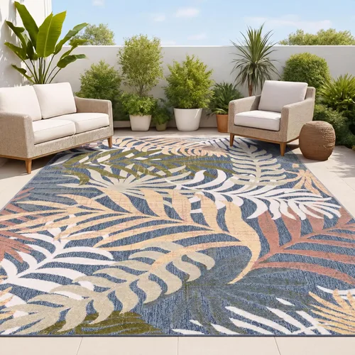 Miniatura 11 de JONATHAN Y Tropics Palm Leaves Indoor Outdoor Runner Rug 2X8 Cream/Dark Blue, Boho for Backyard, Patio, Porch, Easy-Cleaning, High Traffic