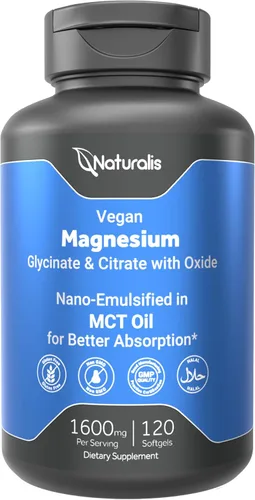 Naturalis Complejo vegano de triple magnesio | Glicinato quelado, citrato y óxido de 1600 mg ofrece 250 mg de magnesio elemental | Fácil de absorber
