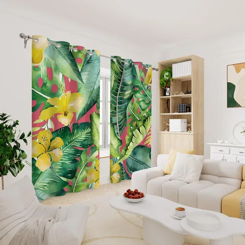 Miniatura 8 de Renaiss Cortinas de plantas tropicales, hojas de palma verdes y flores amarillas, cortinas opacas con ojales en la parte superior, 45 pulgadas