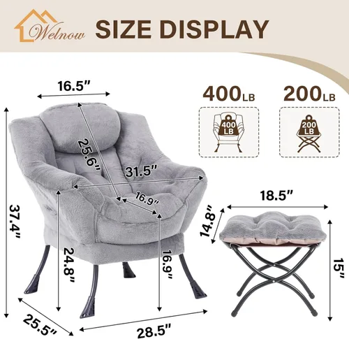 Miniatura 3 de Welnow - Silla perezosa con otomana, moderna silla de descanso con reposabrazos y bolsillo lateral, sillón de sofá tapizado de ocio, sillón