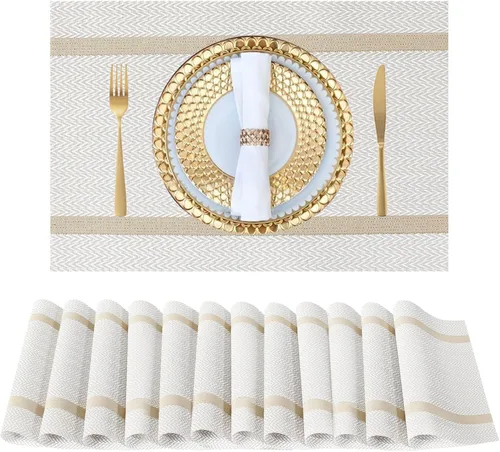 Miniatura 17 de FAVE Juego de 12 manteles individuales negros tejidos con hilo dorado de vinilo para bodas, banquetes, cumpleaños, fiestas, restaurantes
