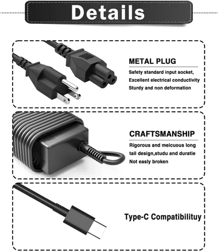 Miniatura 6 de NELEBUTO Adaptador de CA de cargador USB C de 45 W para Chromebook 11 13 14 14A ThinkPad Latitude 5420 XPS Elite Specter X360 14-ca051wm 14-ca020nr